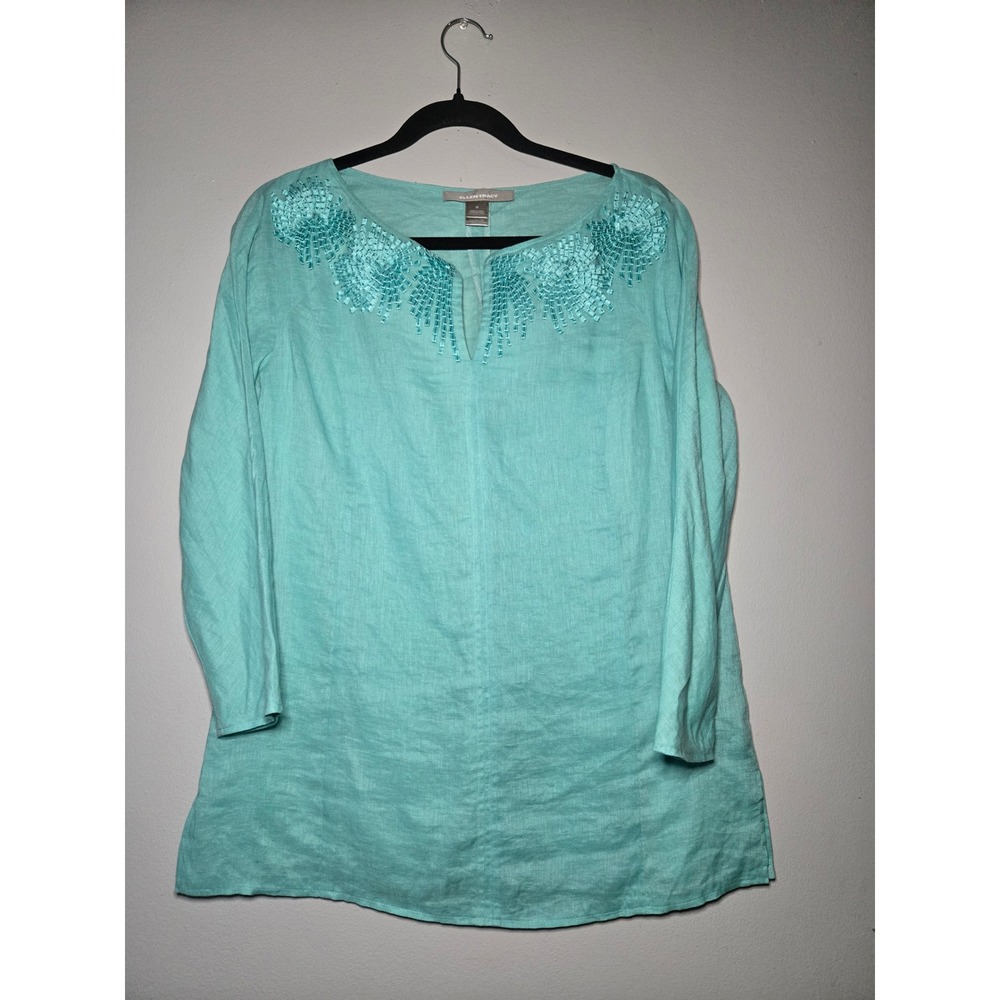Ellen Tracy Linen Blend Embroidered Top Aqua 3/4 Sleeve Women's Medium‎